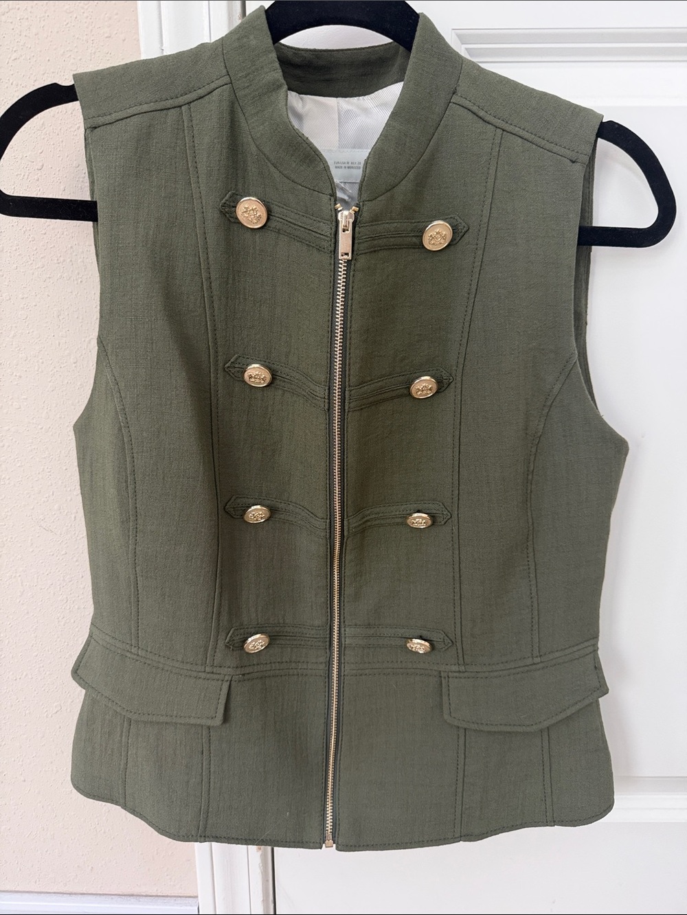 Zara Olive Green Military-Inspired Sleeveless Vest with Gold Buttons